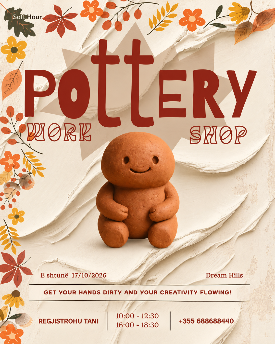 Pottery workshop by Soft Hour at Dream Hills in Tirana on October 17, 2026, featuring a creative clay-making experience