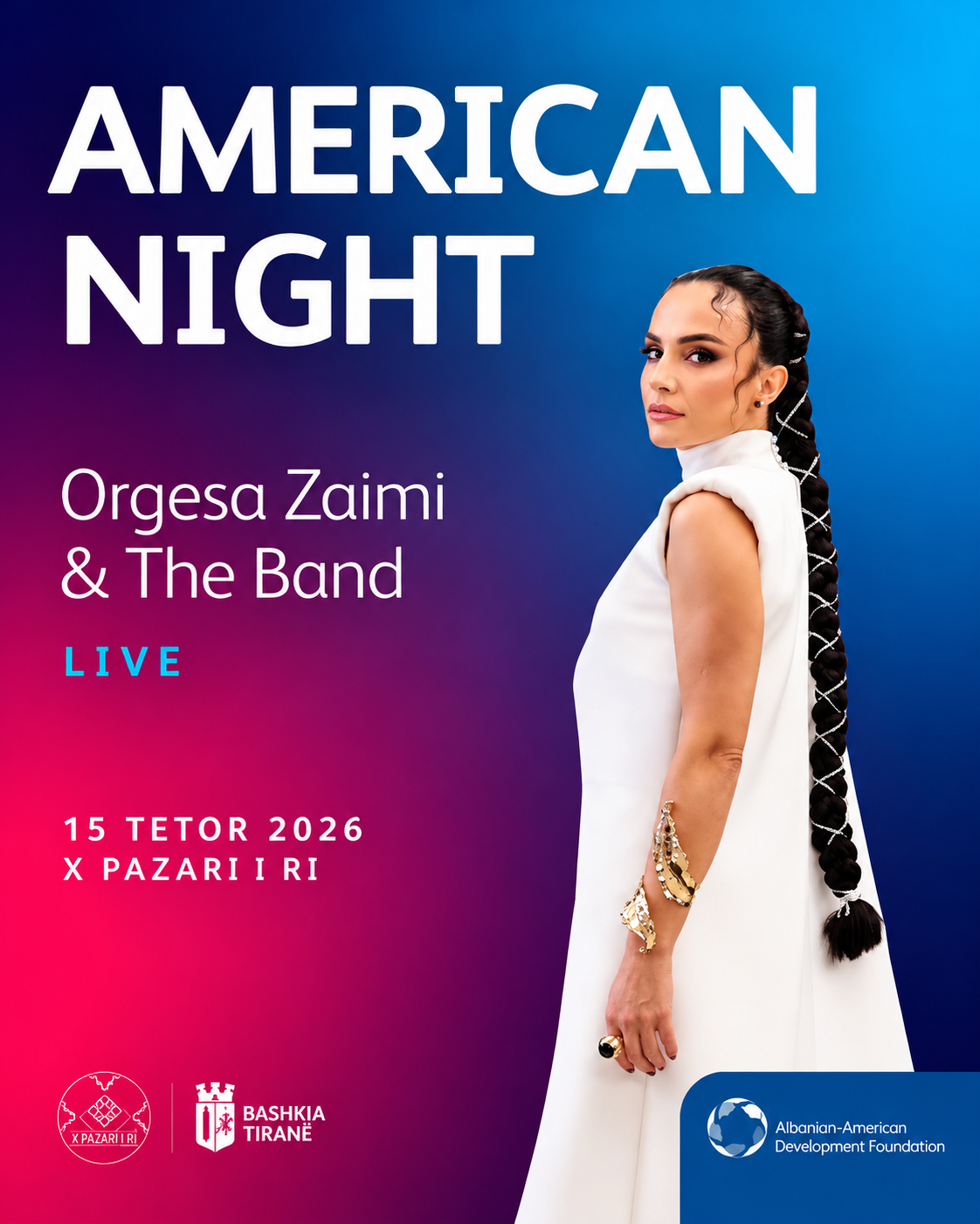 American Night live concert with Orgesa Zaimi & The Band at Pazari i Ri in Tirana on October 15, 2026