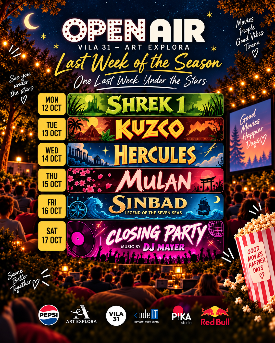 Open Air Tirana at Vila 31 Art Explora, October 12–17, 2026, featuring outdoor movie screenings of Shrek, Kuzco, Hercules, Mulan, Sinbad and a closing party.