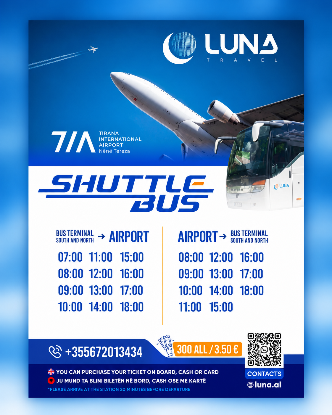 Luna Travel 24/7 airport shuttle bus schedule between Tirana city center and Tirana International Airport, with hourly departures and tickets at 400 ALL.