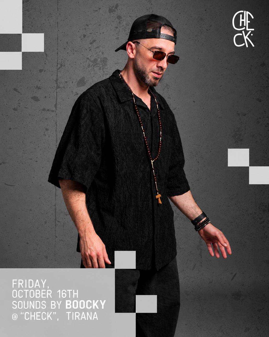 DJ Boocky performing at Check Club in Tirana on October 16, 2026, for a Friday night music event