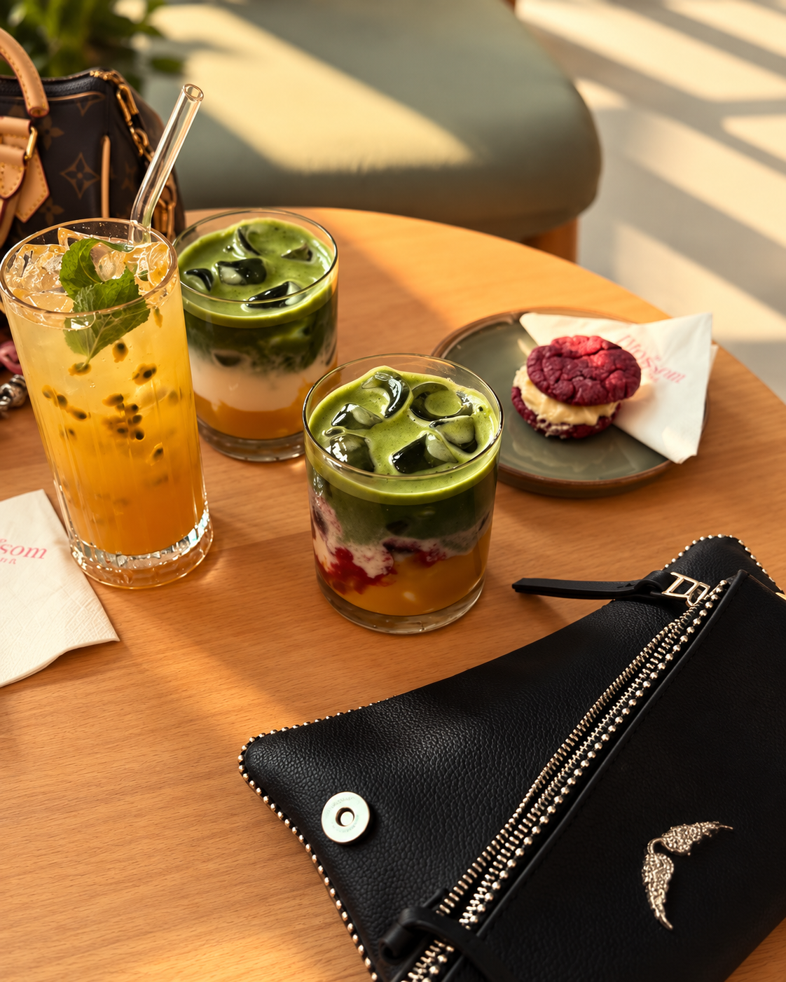 Selection of iced matcha lattes, fruit-infused drinks and desserts served at The Blossom Matcha café in Tirana.