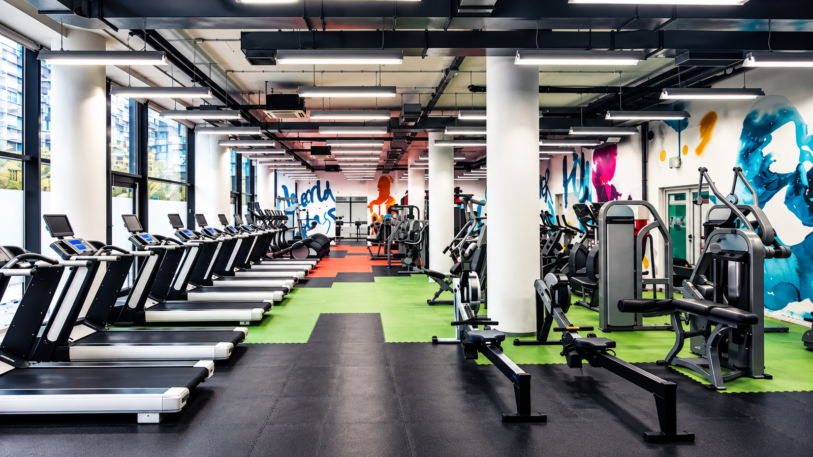 Modern gym in Tirana with treadmills, strength training equipment and indoor fitness facilities