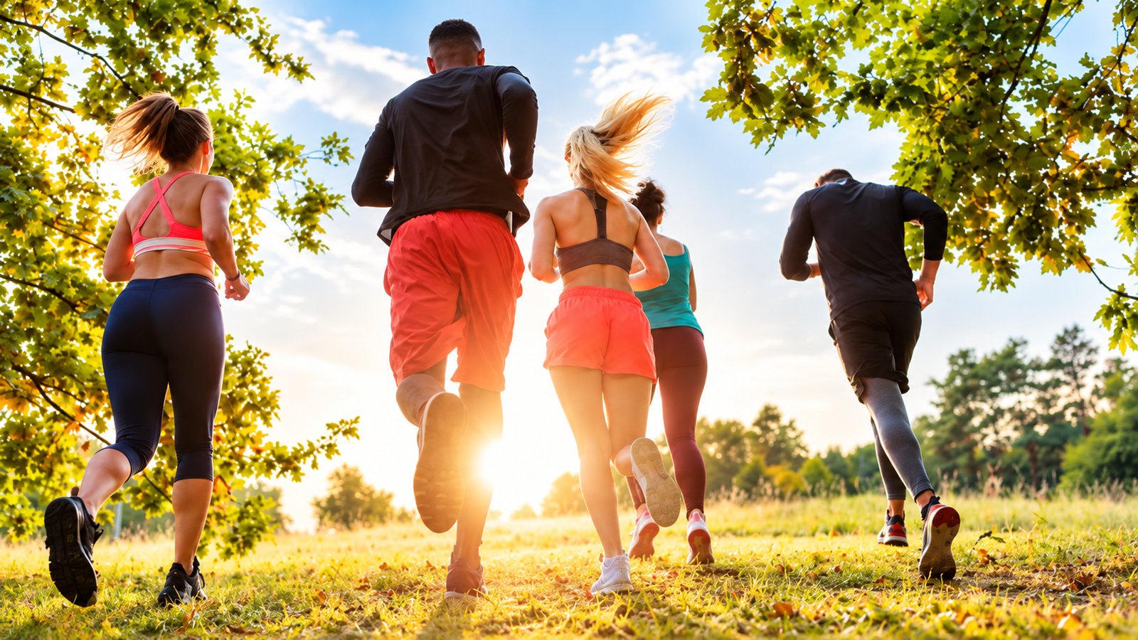 Group of people running outdoors in a green park, illustrating running and outdoor fitness activities at the Grand Park of Tirana, Albania.