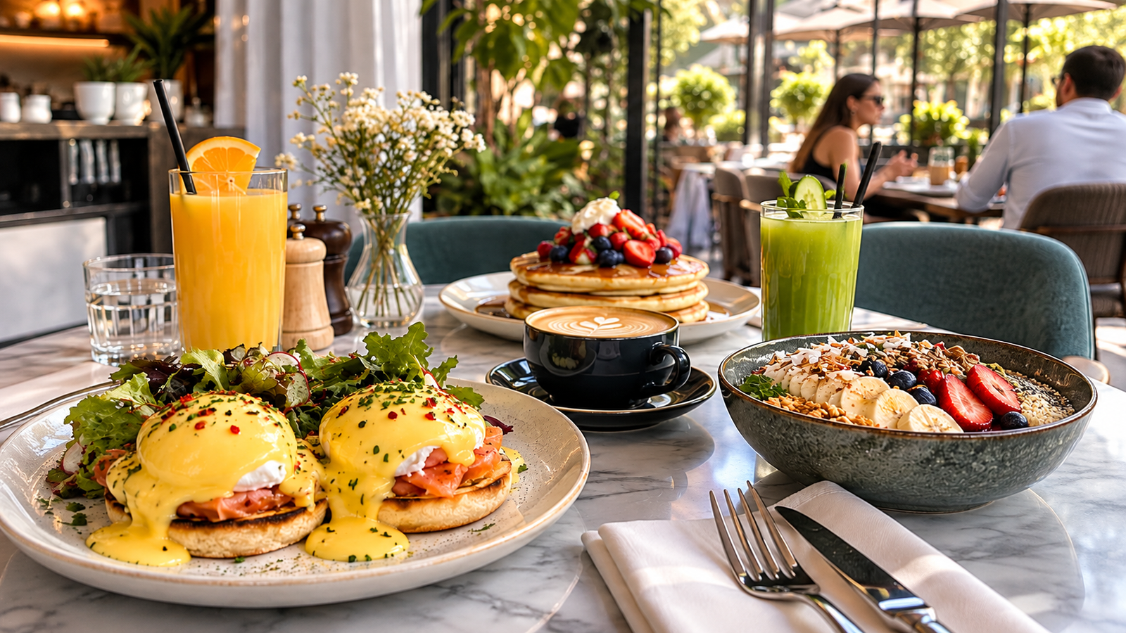 Tavolinë brunch-i me vezë Benedict, pancakes, fruta të freskëta, smoothie bowls dhe kafe të specializuar në një kafene moderne në Bllok, Tiranë.