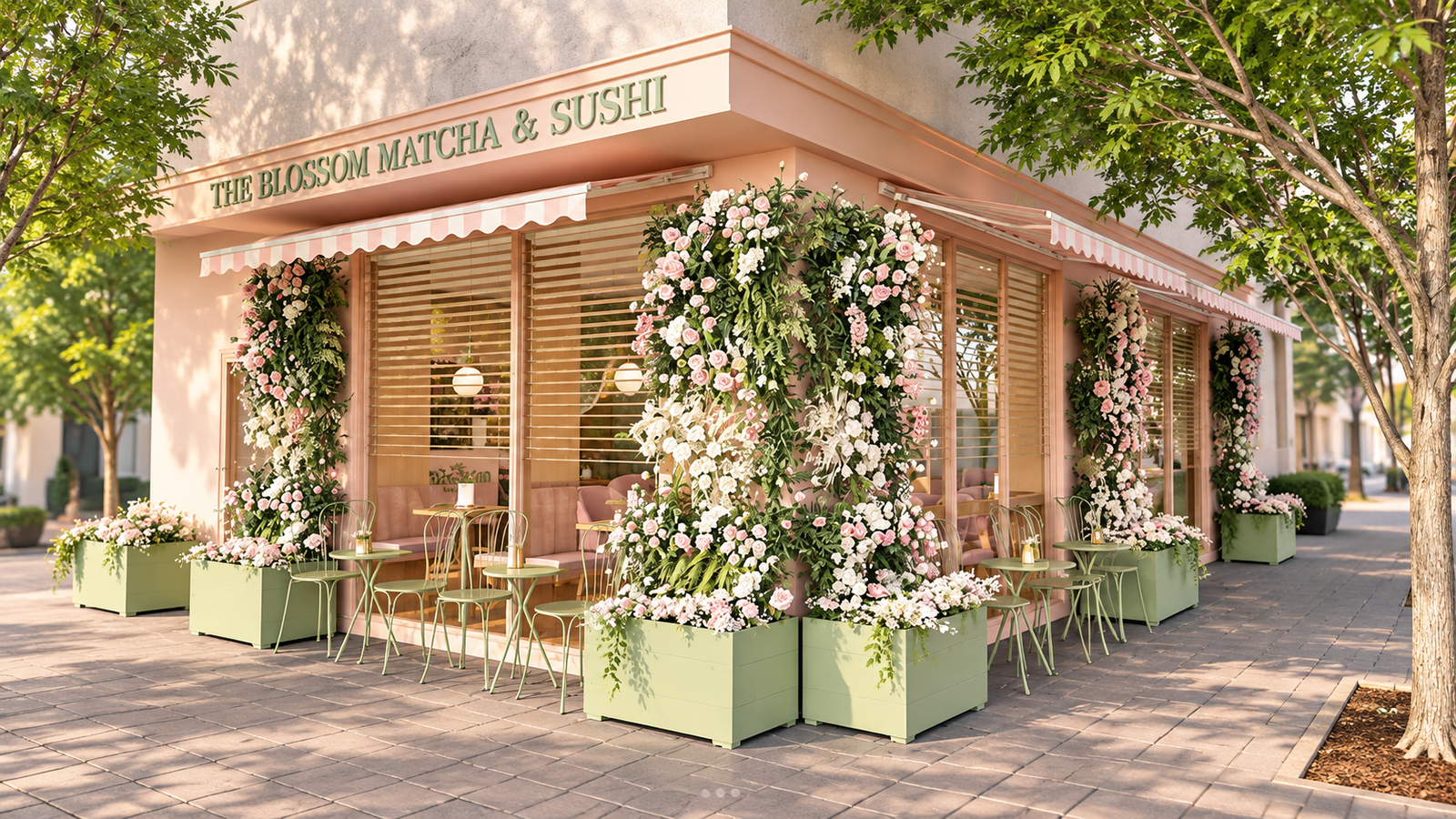 The Blossom Matcha & Sushi in Tirana, featuring a pastel pink exterior, floral decorations, outdoor seating and Japanese-inspired café design.