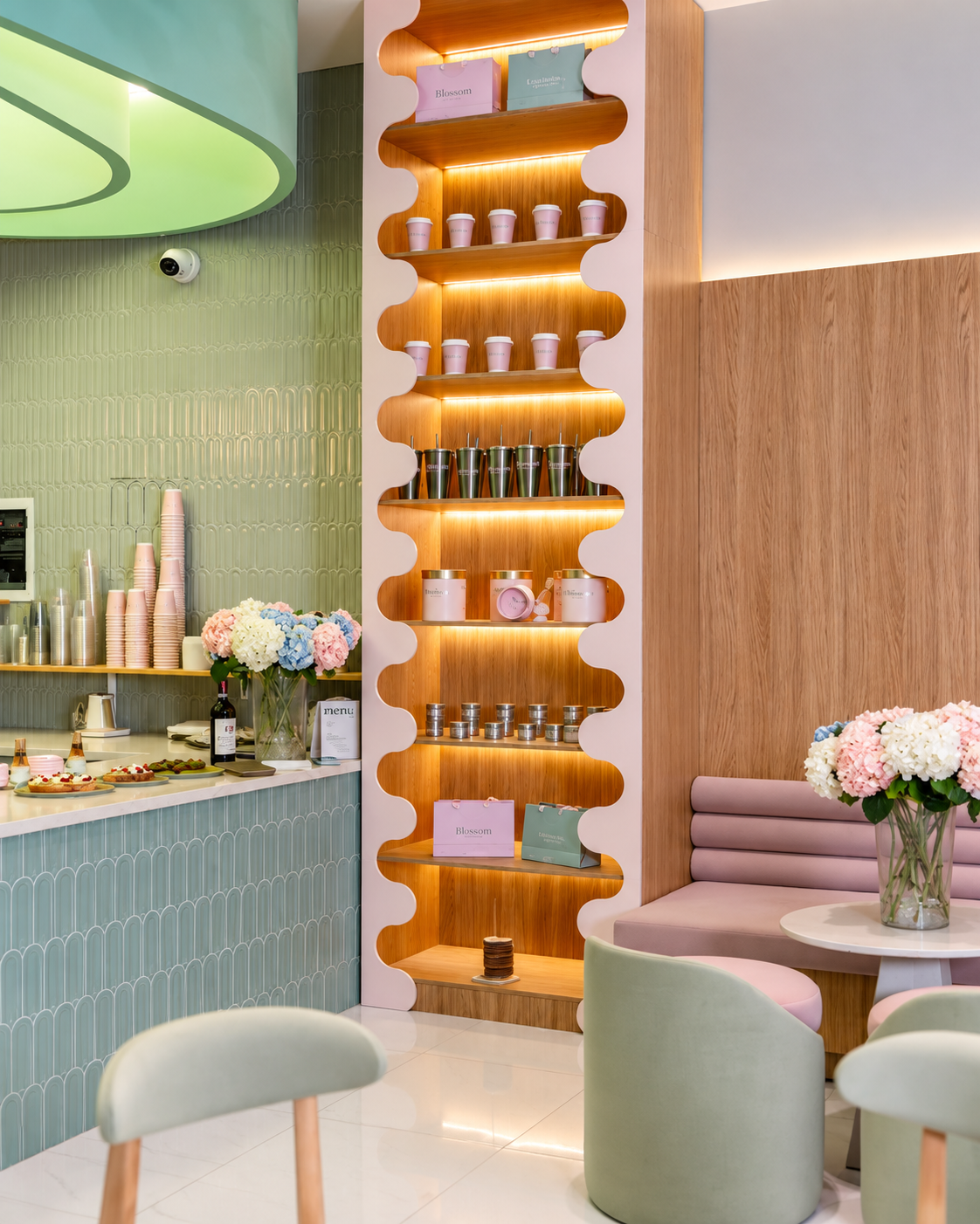 Modern interior of The Blossom Matcha café in Tirana, featuring pastel green decor, wooden shelves, pink seating and floral arrangements.