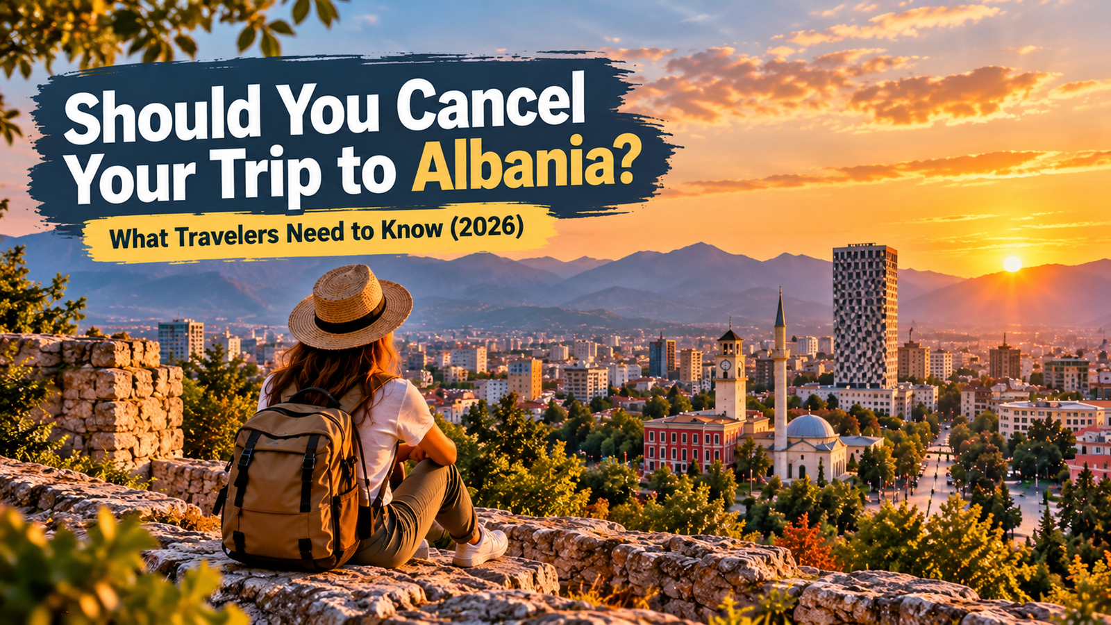 Traveler overlooking Tirana, Albania, at sunset while considering travel plans amid the October 2026 protests.
