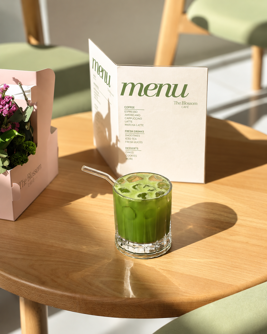 Iced green matcha latte served at The Blossom Matcha in Tirana, displayed on a wooden café table next to the menu.