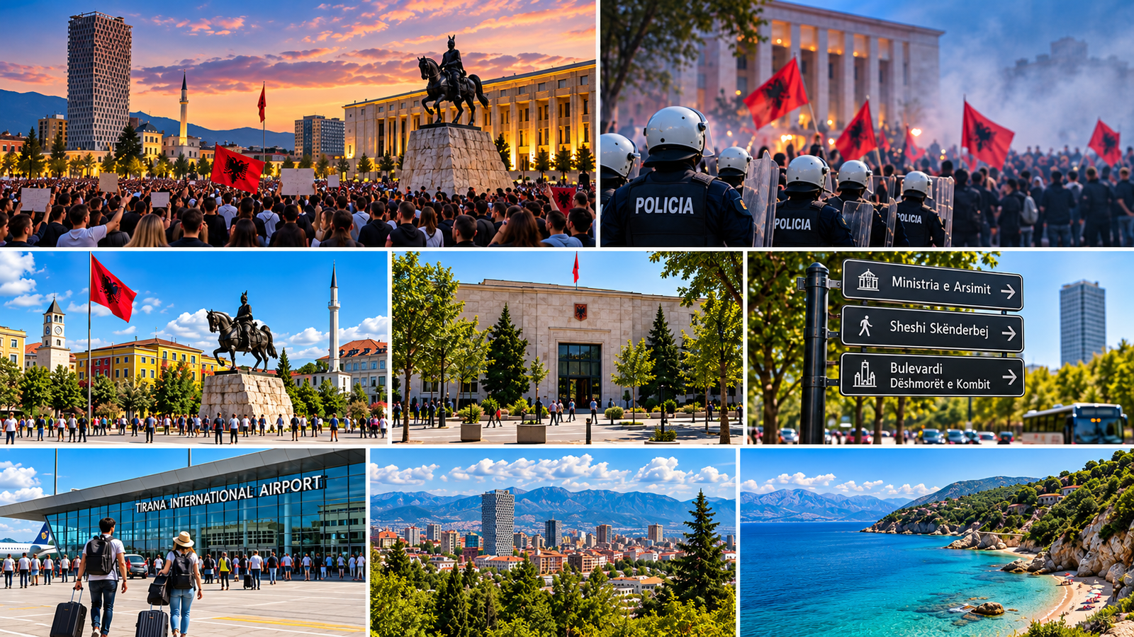 Illustrated collage of Albania protests in October 2026, showing demonstrations in Tirana, police presence, city landmarks, and travel information for tourists.