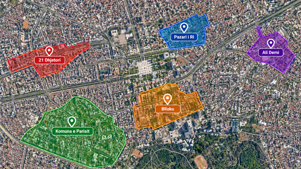 Satellite map of Tirana highlighting five accommodation areas during the 2026 protests: Komuna e Parisit, 21 Dhjetori, Pazari i Ri, Blloku, and Ali Demi.