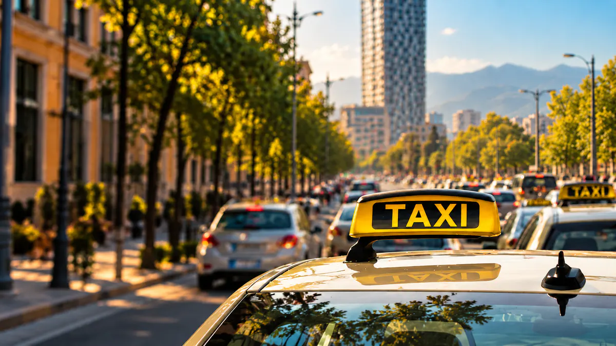 Best taxi companies in Tirana 2026, featuring a taxi in the city center with Skanderbeg Square in the background, highlighting taxi prices, airport transfers and intercity transportation in Albania.