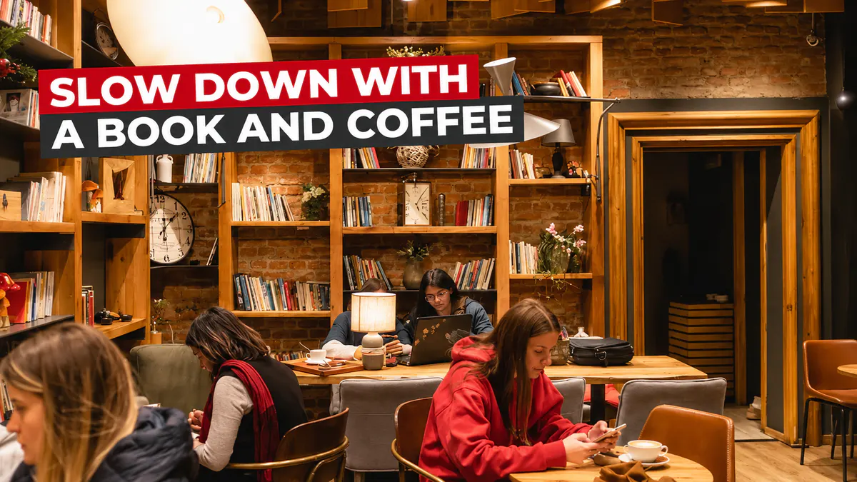 Relax with a book and coffee in a cozy café in Tirana on a rainy day