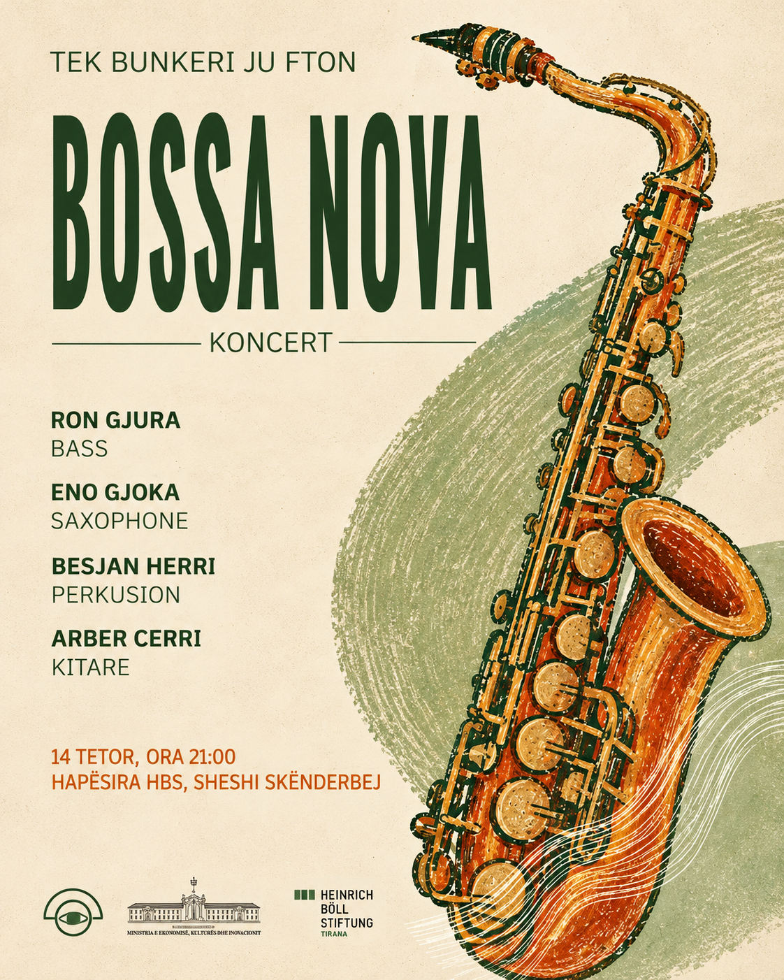 Bossa Nova live concert at Tek Bunkeri in Tirana on October 14, 2026, featuring saxophone, guitar, bass and percussion