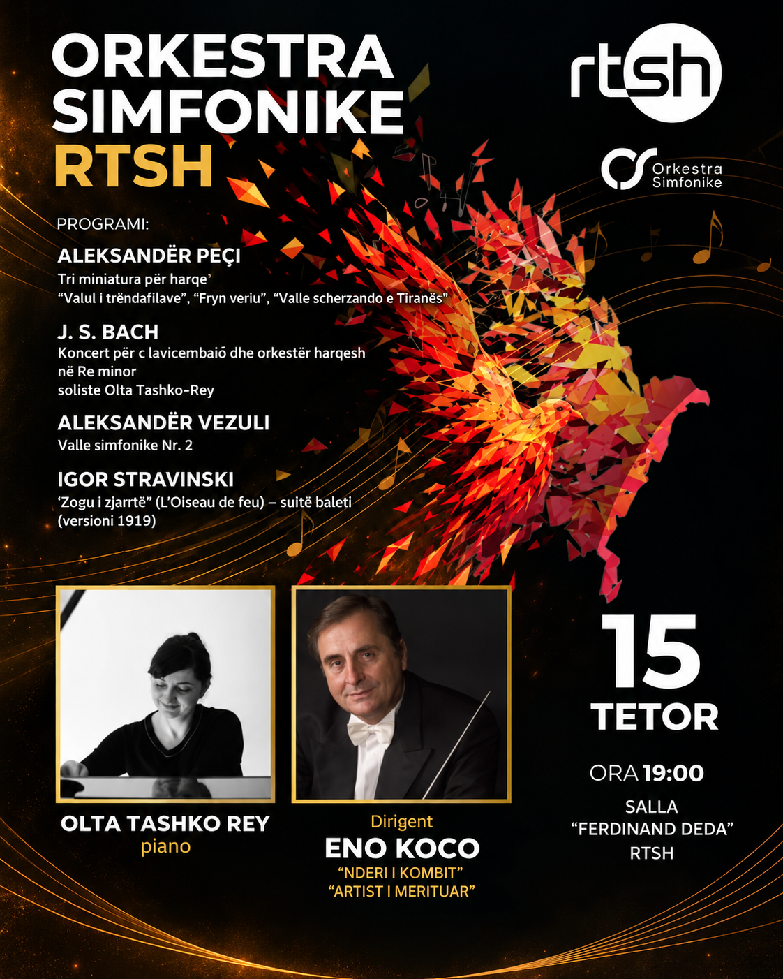 RTSH Symphony Orchestra concert in Tirana on October 15, 2026, featuring pianist Olta Tashko Rey and conductor Eno Koço