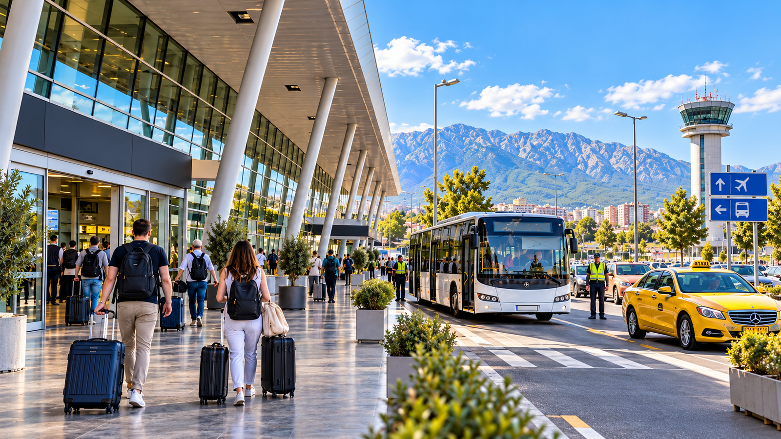 Travelers arriving at Tirana International Airport with airport shuttle bus and taxis available for transfers to the city center during the October 2026 protests.