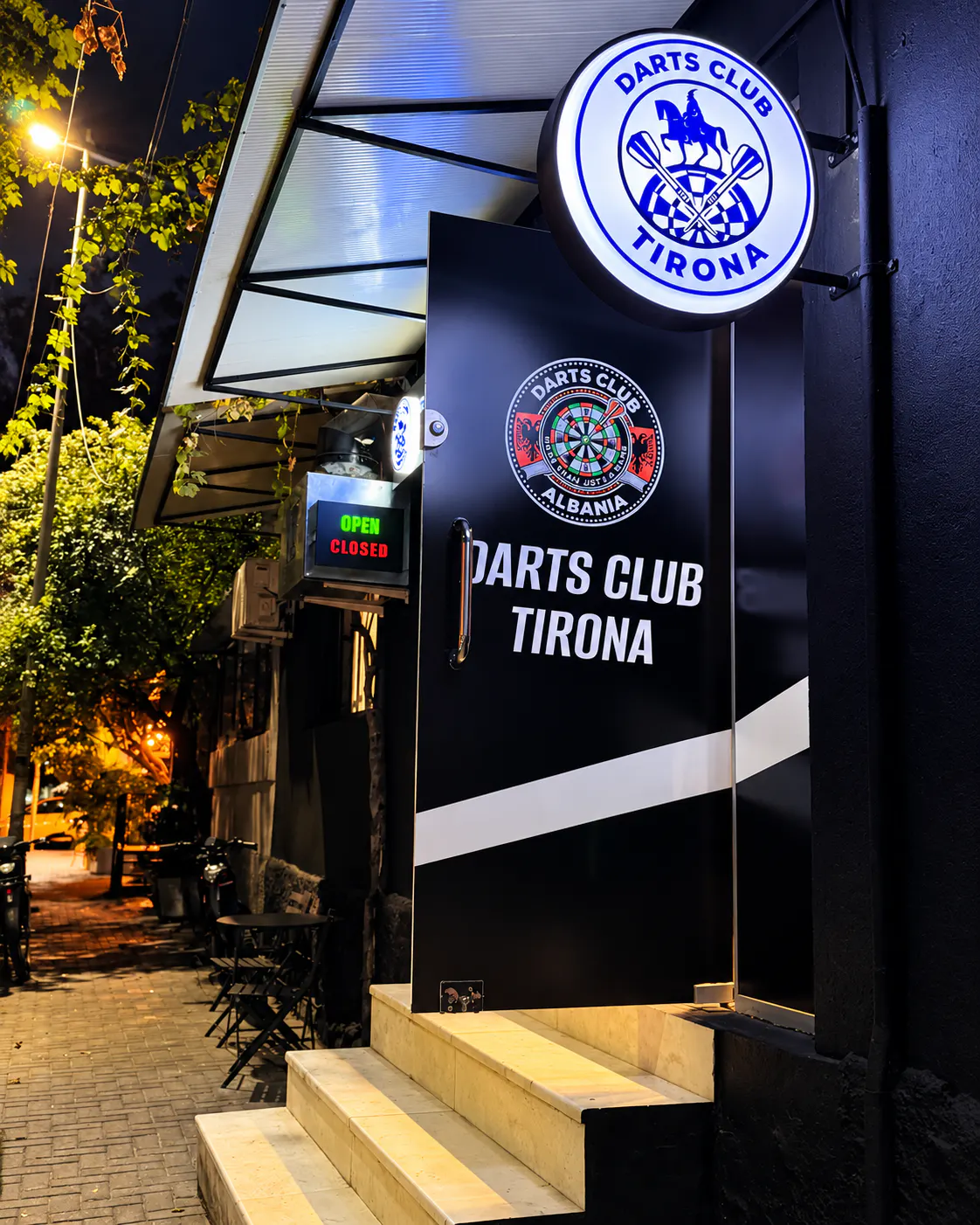 Entrance of Darts Club Tirona in Tirana