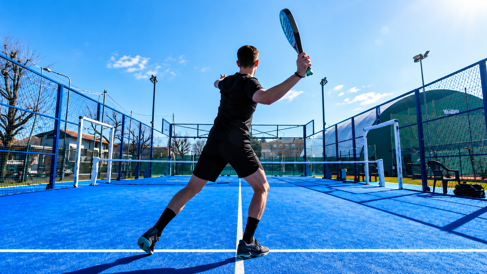 Player hitting a padel ball on a blue outdoor padel court in Tirana, Albania.