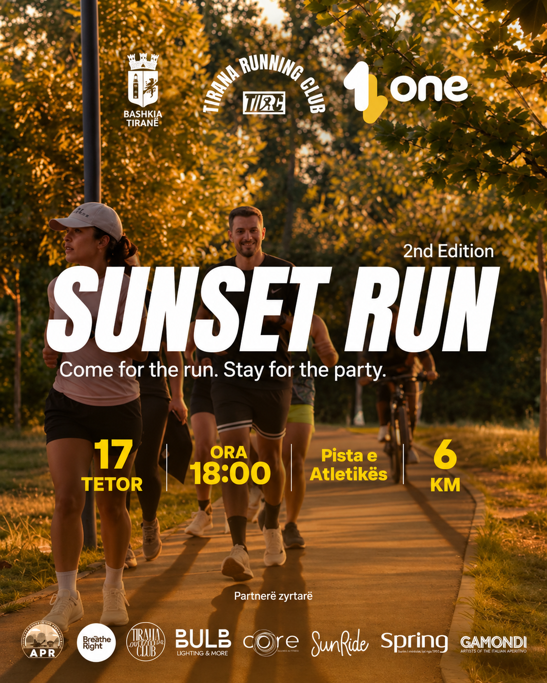 Sunset Run 2026 in Tirana on October 17, featuring a 6 km running event at the Athletics Track organized with Tirana Running Club