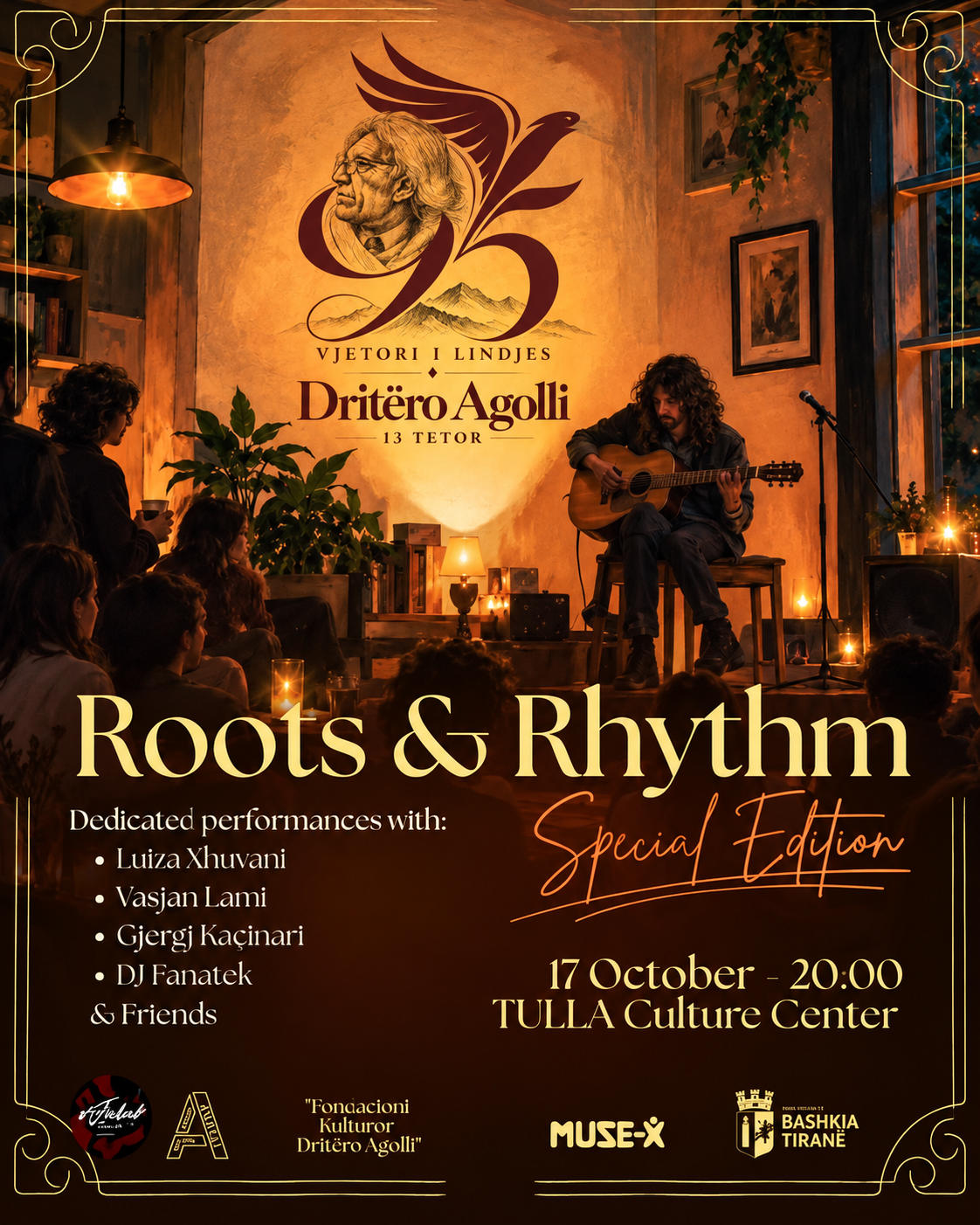 Roots & Rhythm special live music event at TULLA Culture Center in Tirana on October 17, 2026, celebrating Dritëro Agolli