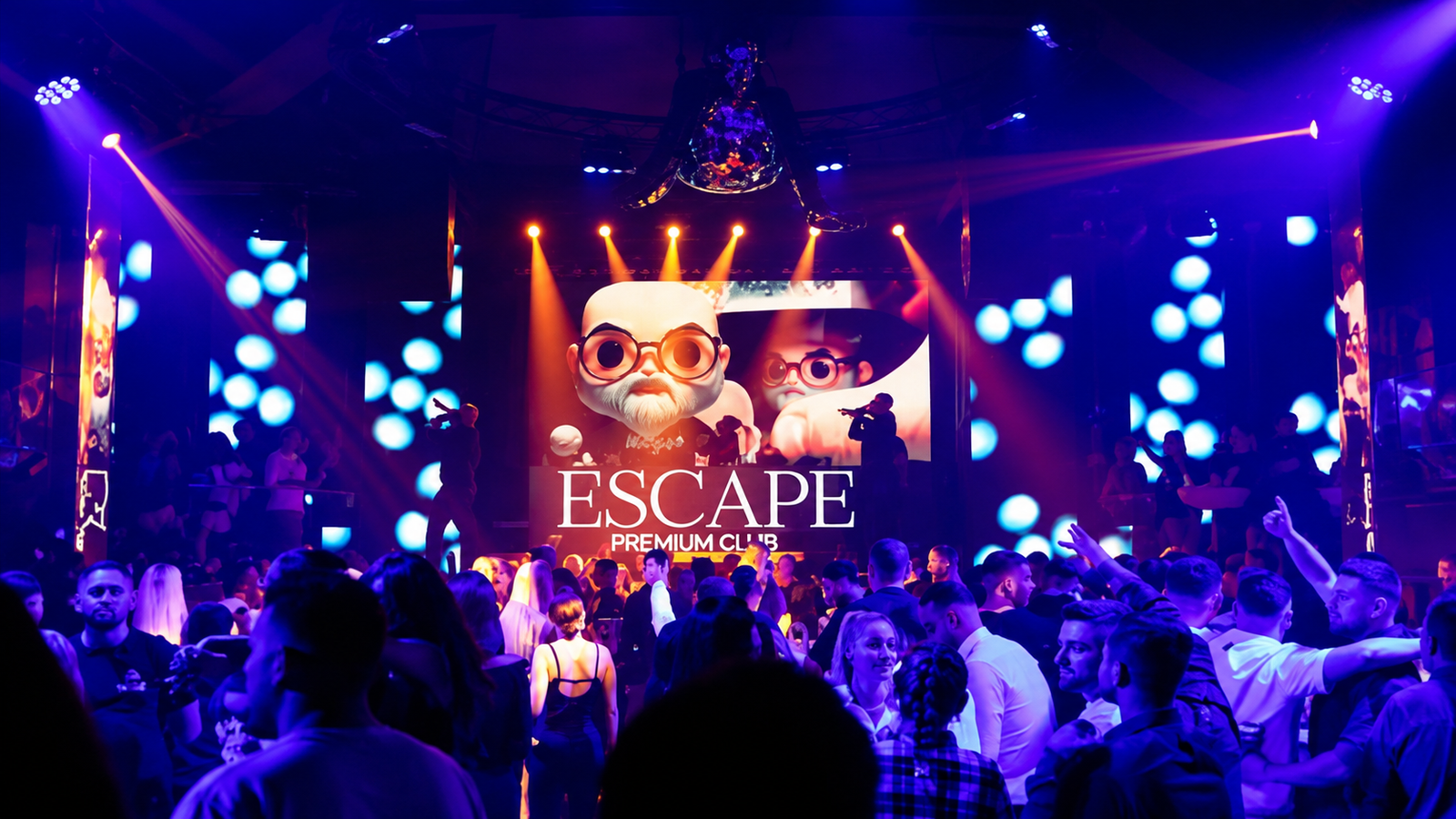 Escape Premium Club in Tirana with live performances, nightclub crowd and colorful stage lighting