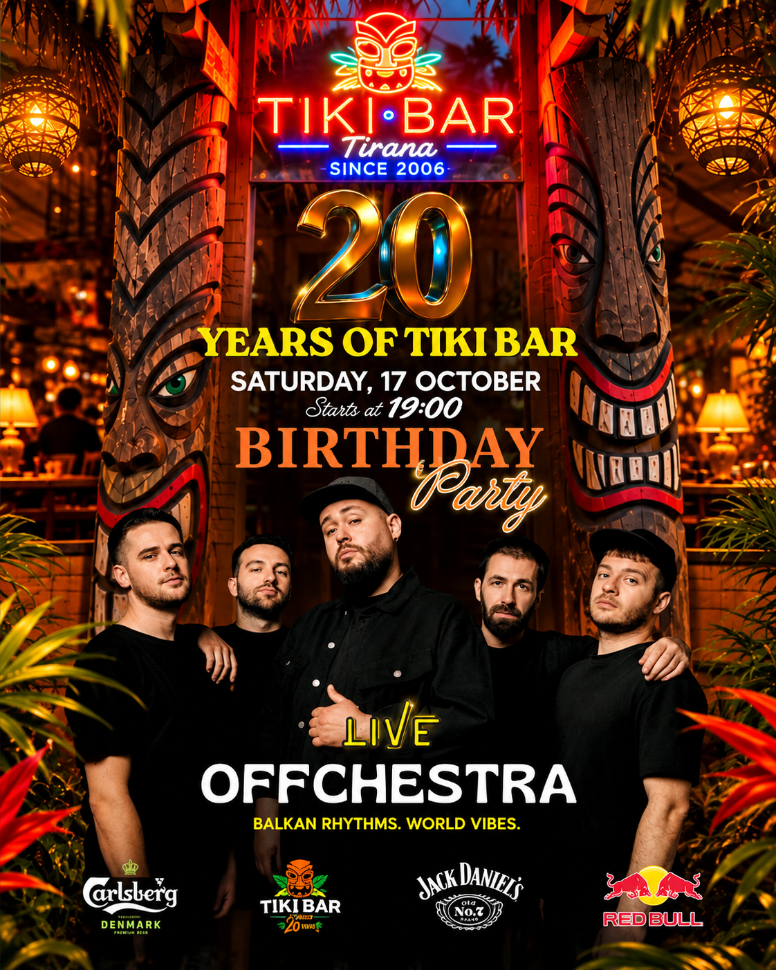 Tiki Bar Tirana 20th anniversary birthday party on October 17, 2026, featuring a live performance by Offchestra