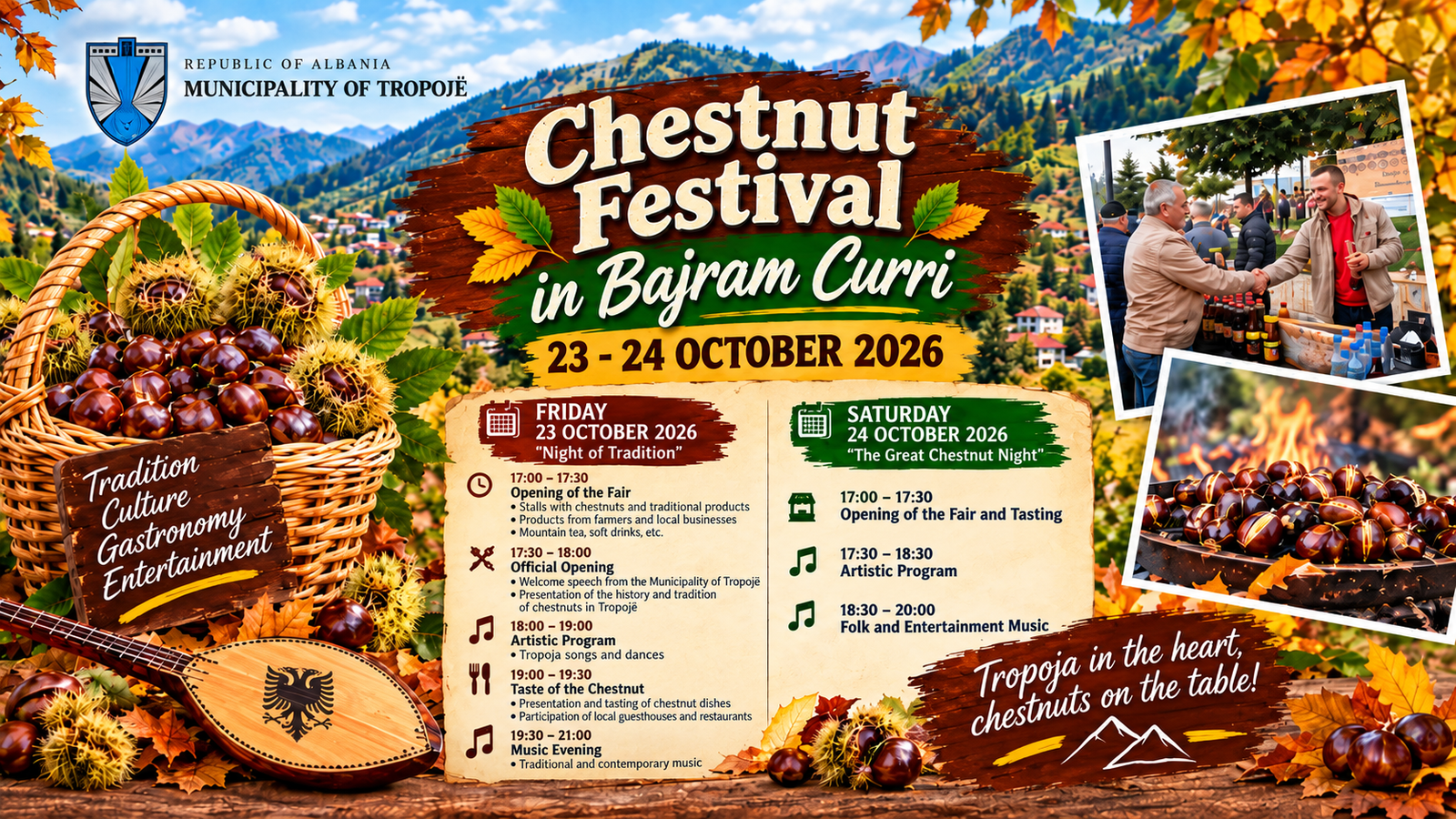 Festa e Gështenjës së Tropojës 2026 in Bajram Curri on October 23–24 featuring chestnuts, traditional food, folk music and cultural celebrations