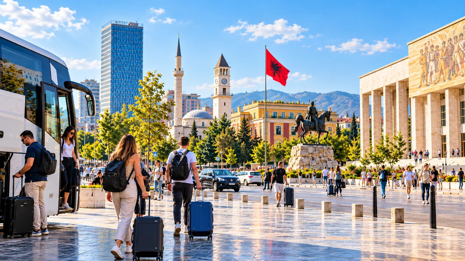 Tourists with luggage arriving by bus at Skanderbeg Square in Tirana, with the Albanian flag and historic landmarks in the background.