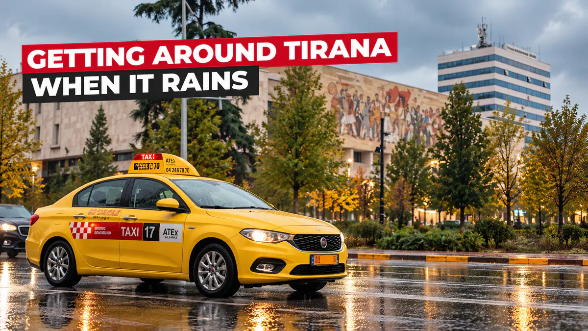 Getting around Tirana when it rains by taxi on a rainy day in Albania