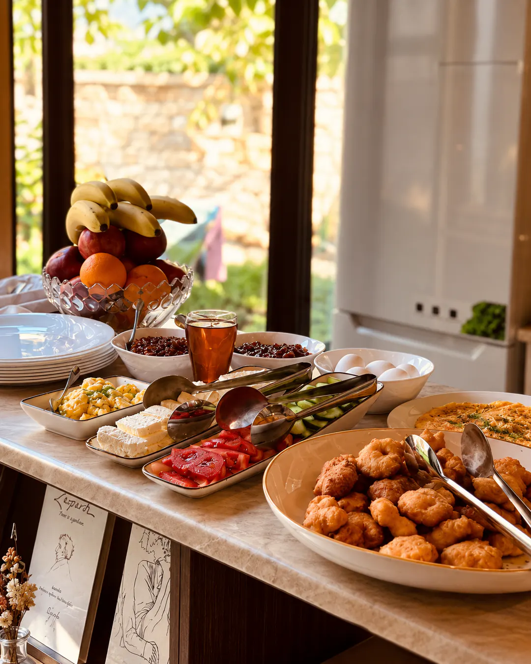 Buffet tradizionale della colazione albanese con piatti fatti in casa, frutta fresca, uova e prodotti locali al Gogo Moustache Guest House di Përmet