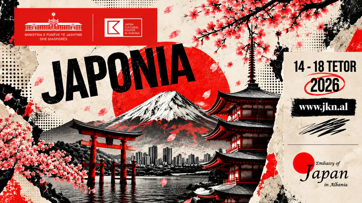 Japanese Cultural Week 2026 in Tirana, October 14–18, featuring Mount Fuji, cherry blossoms, traditional Japanese architecture and cultural events.