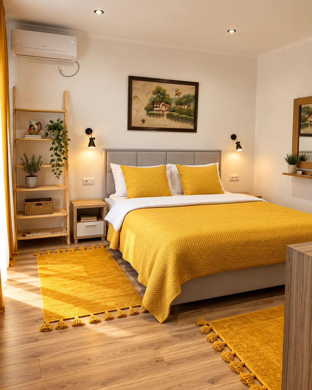 Moderna camera matrimoniale al Kutal Park Inn Hotel di Përmet, con letto grande, biancheria gialla, aria condizionata e arredamento accogliente