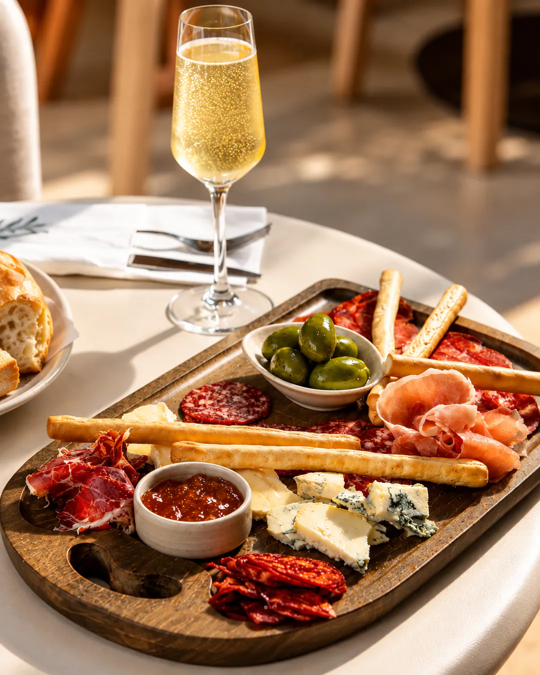Charcuterie board with cured meats, assorted cheeses, olives, breadsticks and sparkling wine at La Lumière in Tirana.