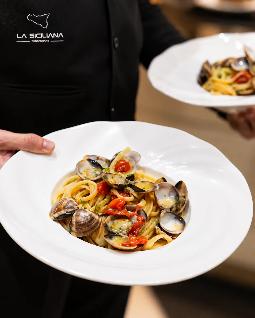 Pasta me molusqe dhe domate qershi të servirura në La Siciliana Restaurant në Tiranë