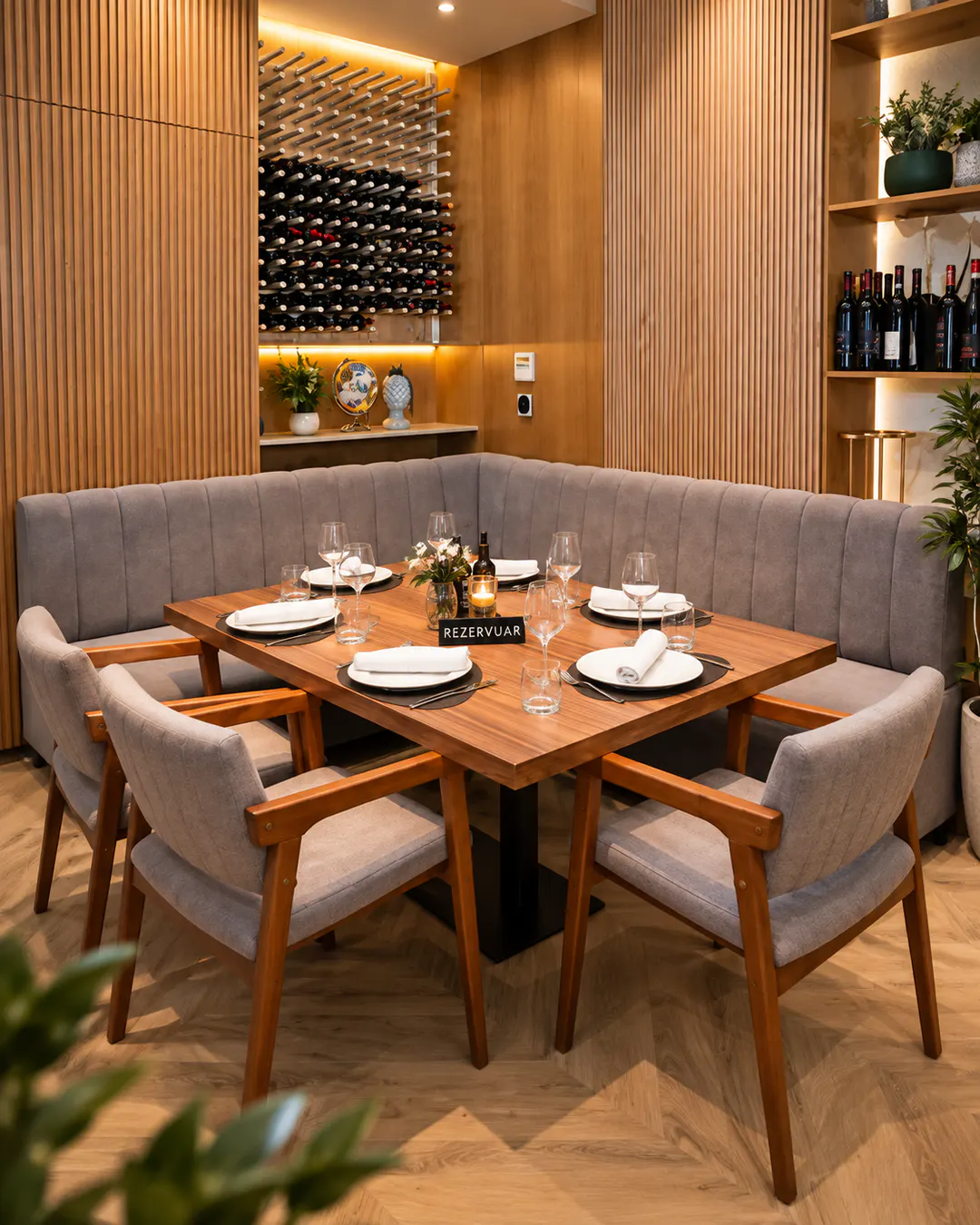 Ambient elegant i brendshëm dhe tavolinë e rezervuar në Luna Mare Restaurant në Tiranë