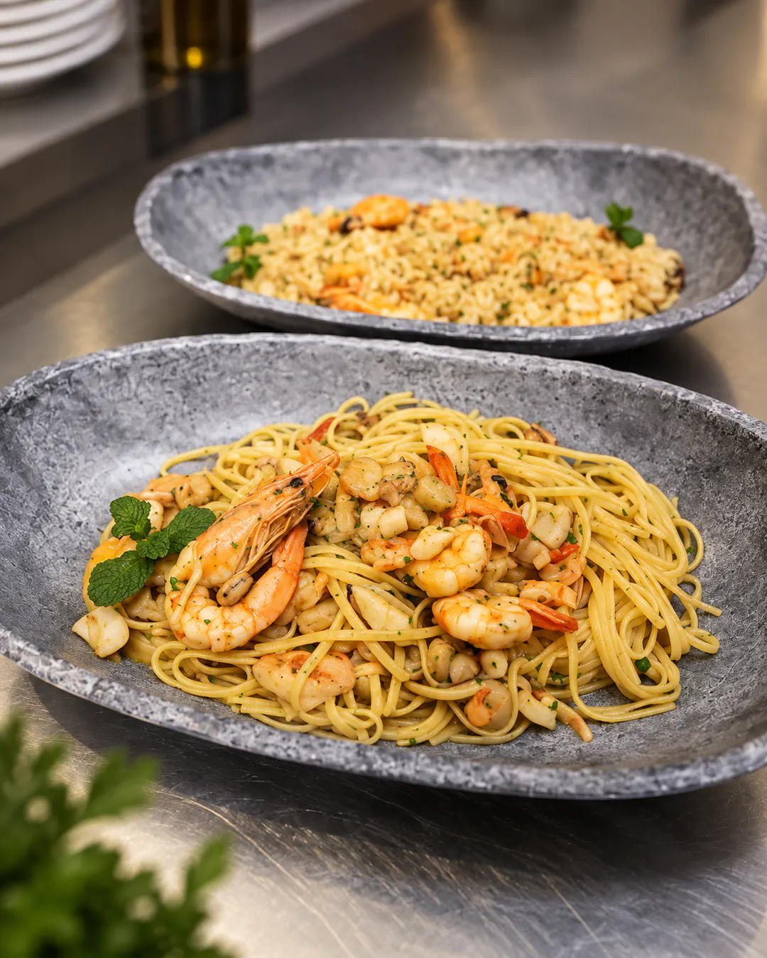 Pasta me karkaleca dhe fruta deti të freskëta në Luna Mare Restaurant në Tiranë