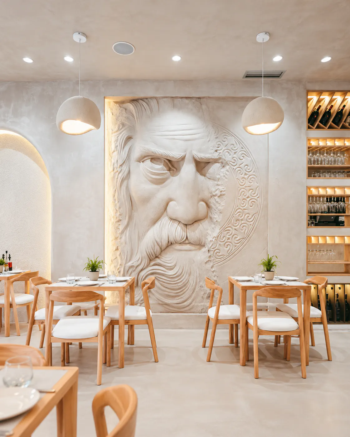Ambient i brendshëm elegant i Oliveta Restaurant në Bllok, Tiranë, me tavolina druri, ndriçim të ngrohtë dhe një vepër të madhe skulpturore në mur, të frymëzuar nga kultura greke.