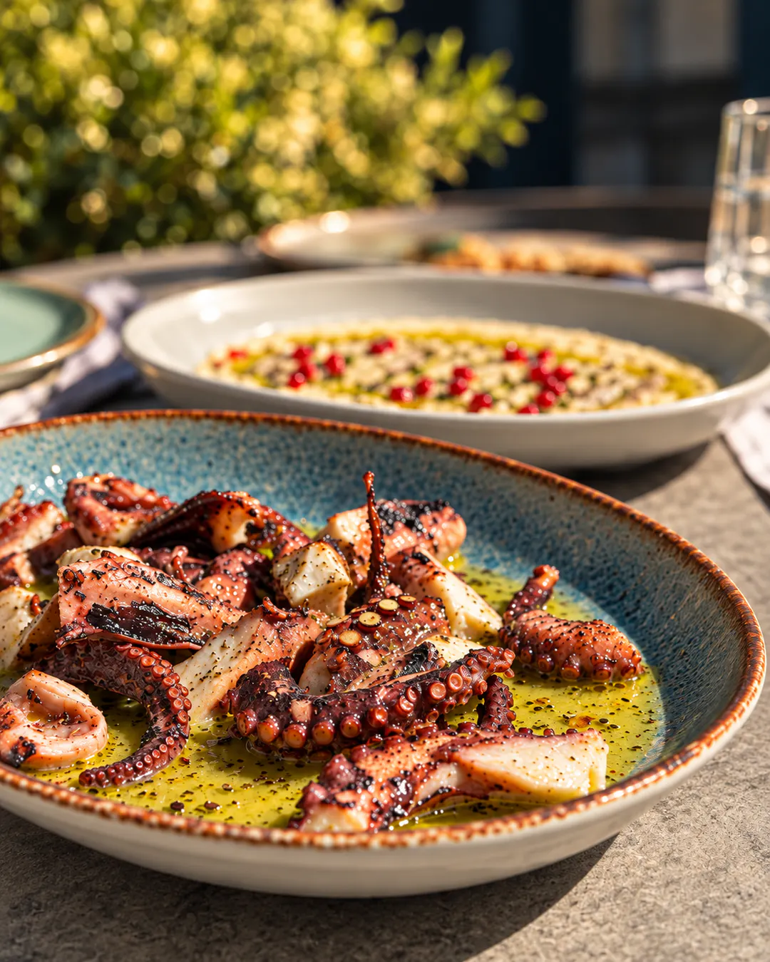 Grilled octopus served with olive oil and Mediterranean herbs at Sardela Greek Taverna, a Greek seafood restaurant in Tirana.