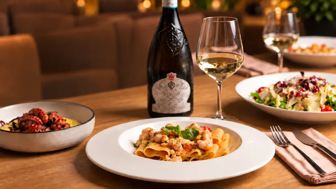Seafood dining in Tirana with seafood pasta, octopus, salad and white wine