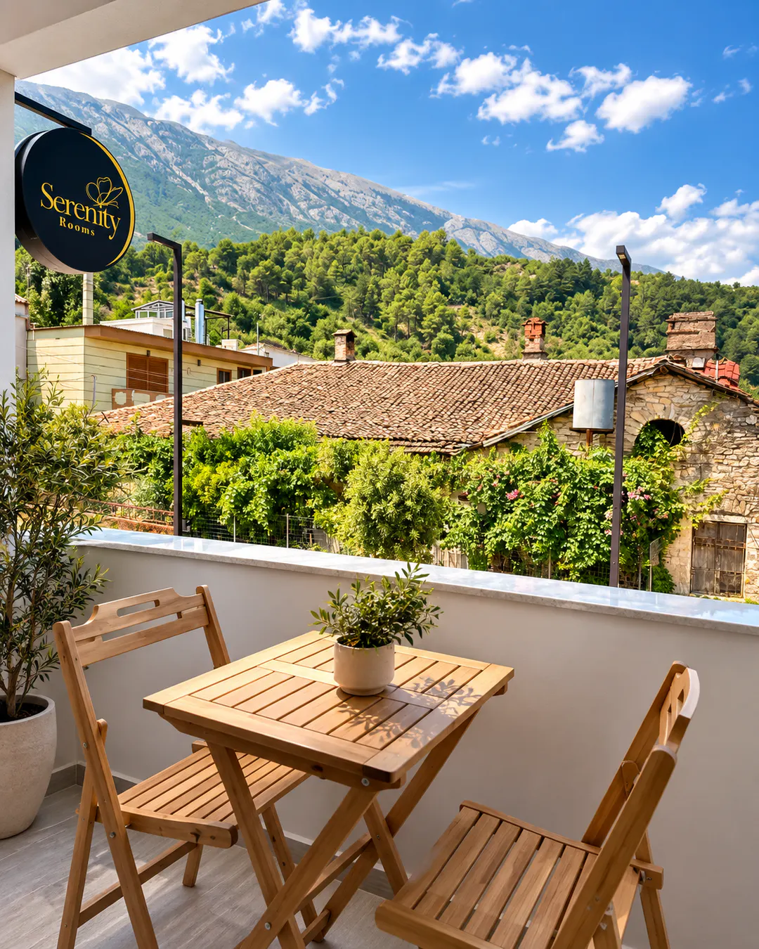 Balcone privato al Serenity Rooms di Përmet con posti a sedere all'aperto e vista sulle tradizionali case in pietra e sul paesaggio montano verde