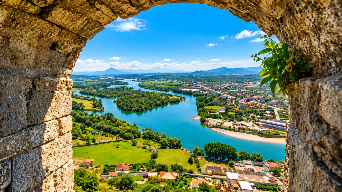 Pamje panoramike e Liqenit të Shkodrës dhe peizazhit të gjelbër rural përmes një harku historik prej guri në Shqipëri.