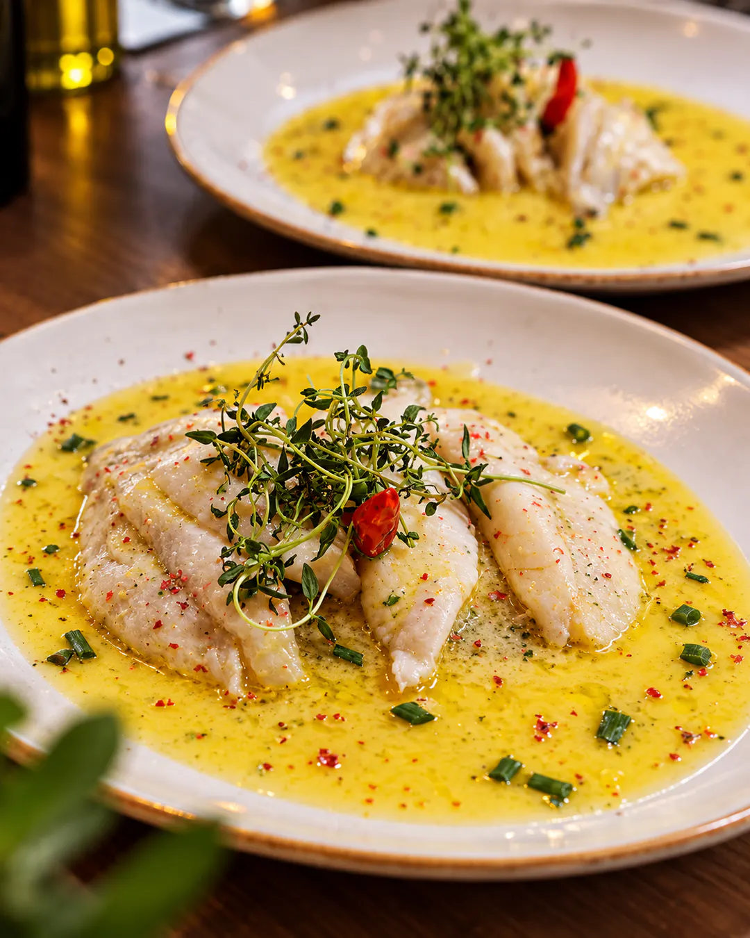 Fileto peshku e freskët e servirur me salcë erëzash në restorantin Still Fish në Tiranë
