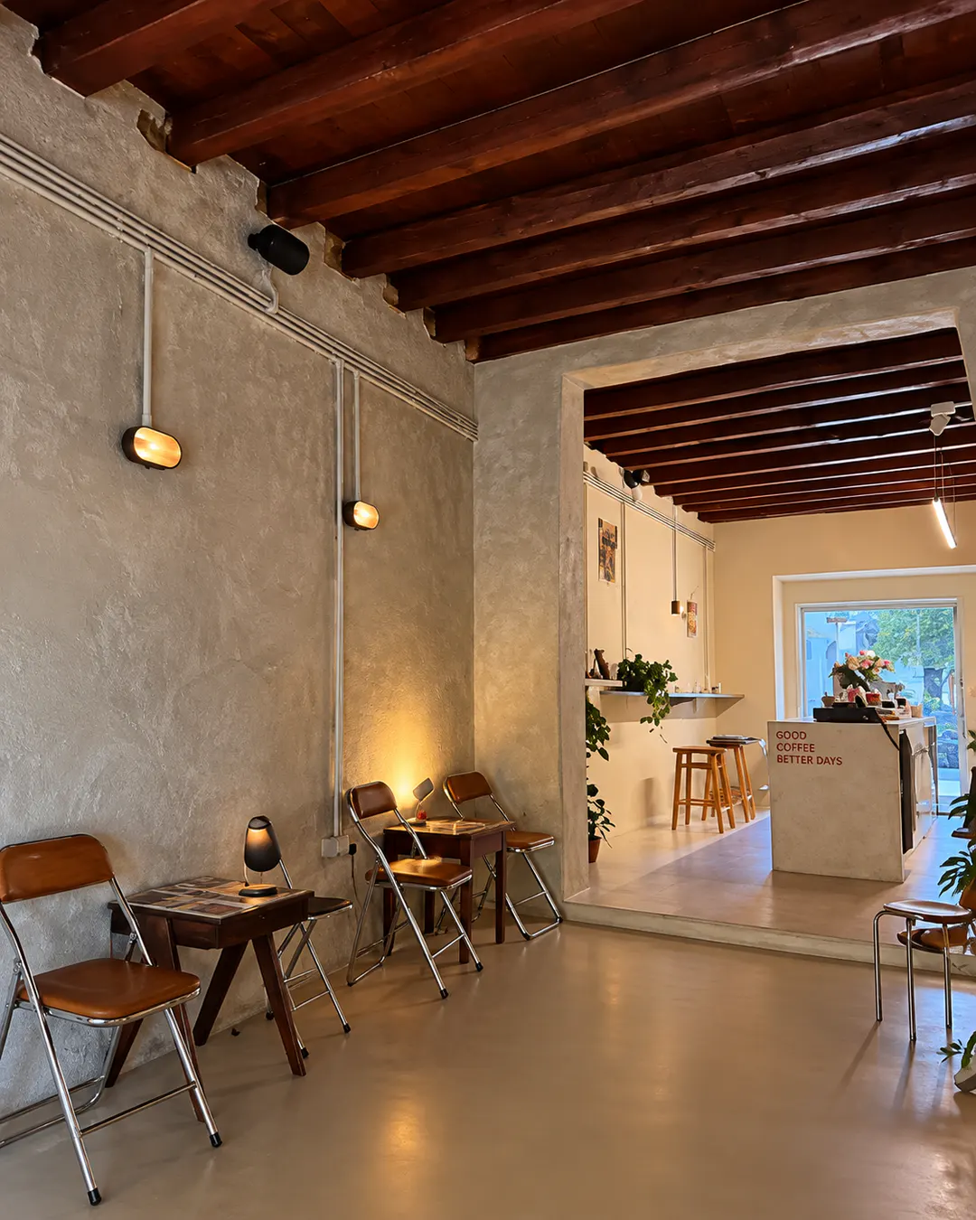 Minimalist interior of The Back Room specialty coffee shop near Sheshi Wilson in Tirana