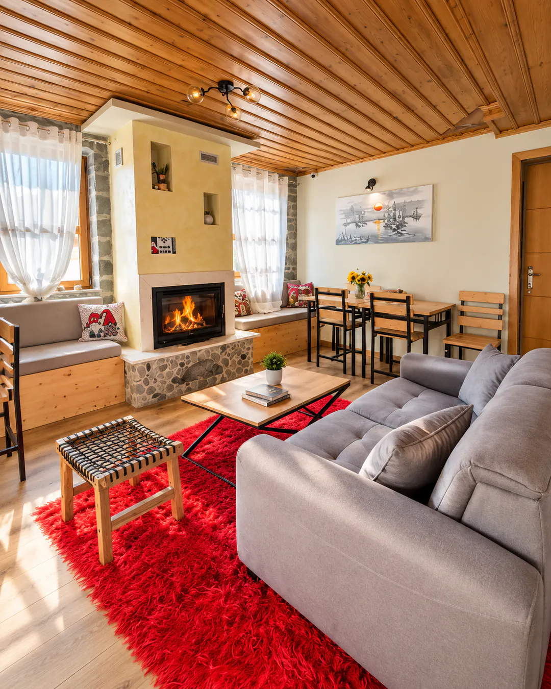 Accogliente soggiorno al The Stone House, con camino, soffitto in legno, divano confortevole e arredamento tradizionale