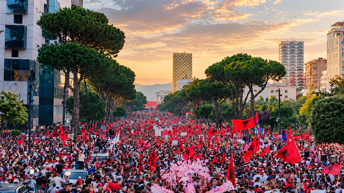 Large protest gathering in Tirana during the October 2026 demonstrations, illustrating travel beyond Tirana and conditions in other Albanian cities.