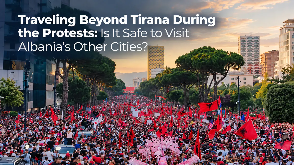 Large protest gathering in Tirana during the October 2026 demonstrations, illustrating travel beyond Tirana and conditions in other Albanian cities.
