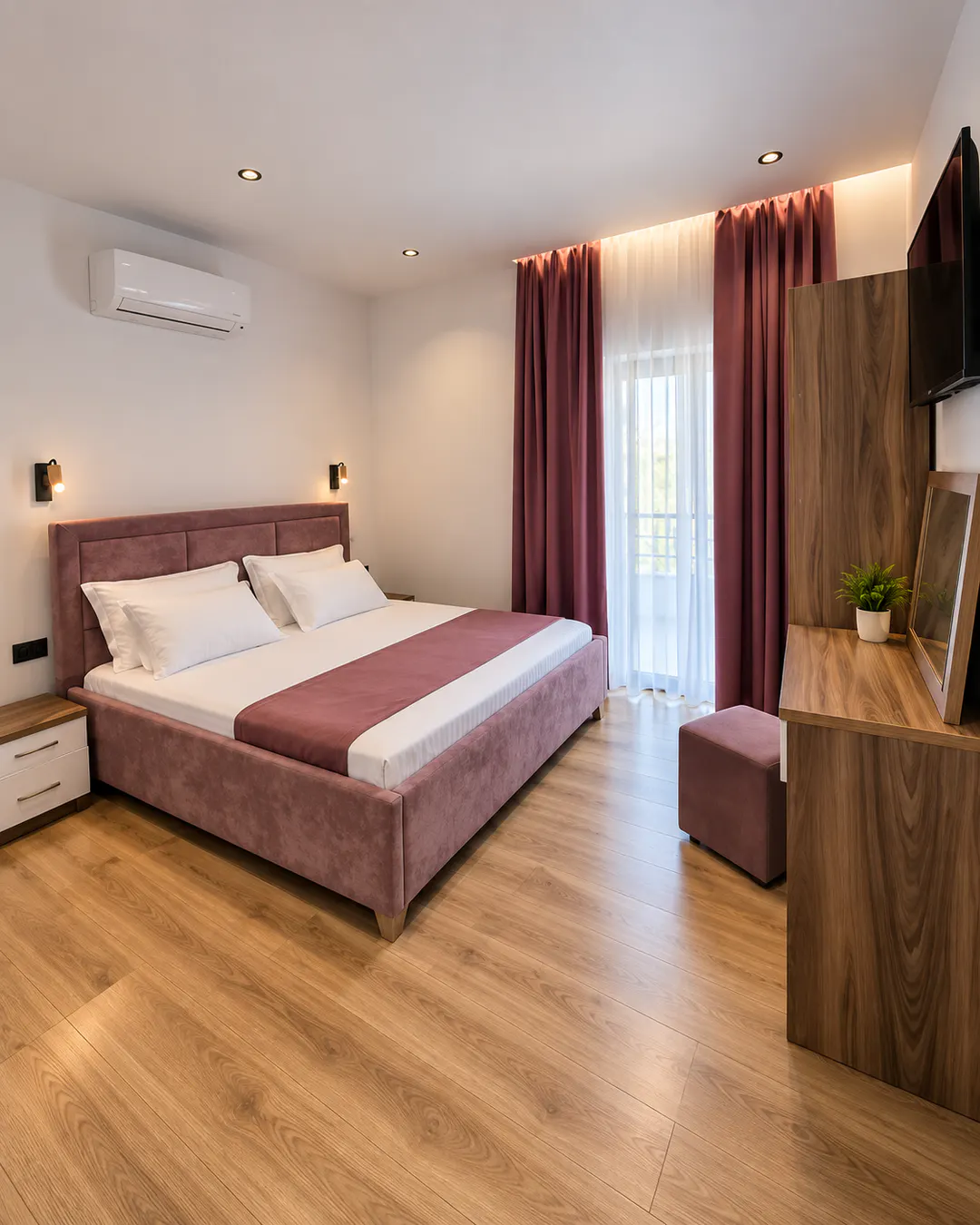 Moderna camera matrimoniale al White Villa, con letto confortevole, arredi rosa, pavimento in legno, aria condizionata e luce naturale