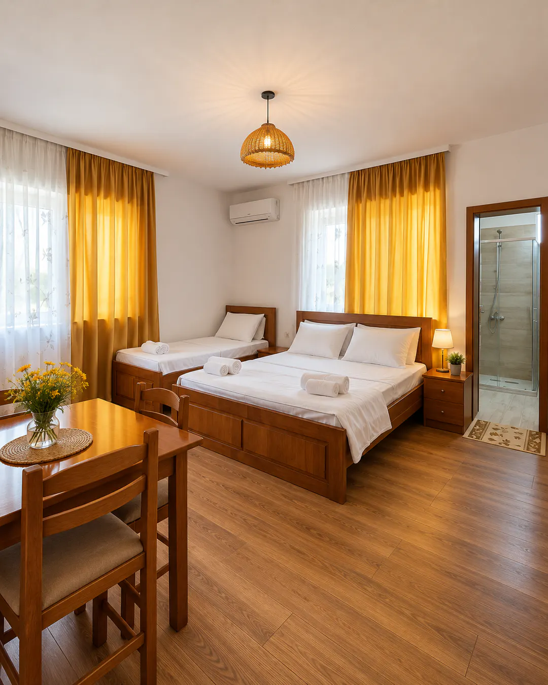 Spaziosa camera familiare al Wild River Guesthouse, con letto matrimoniale, letto singolo, mobili in legno, tavolo da pranzo e bagno privato