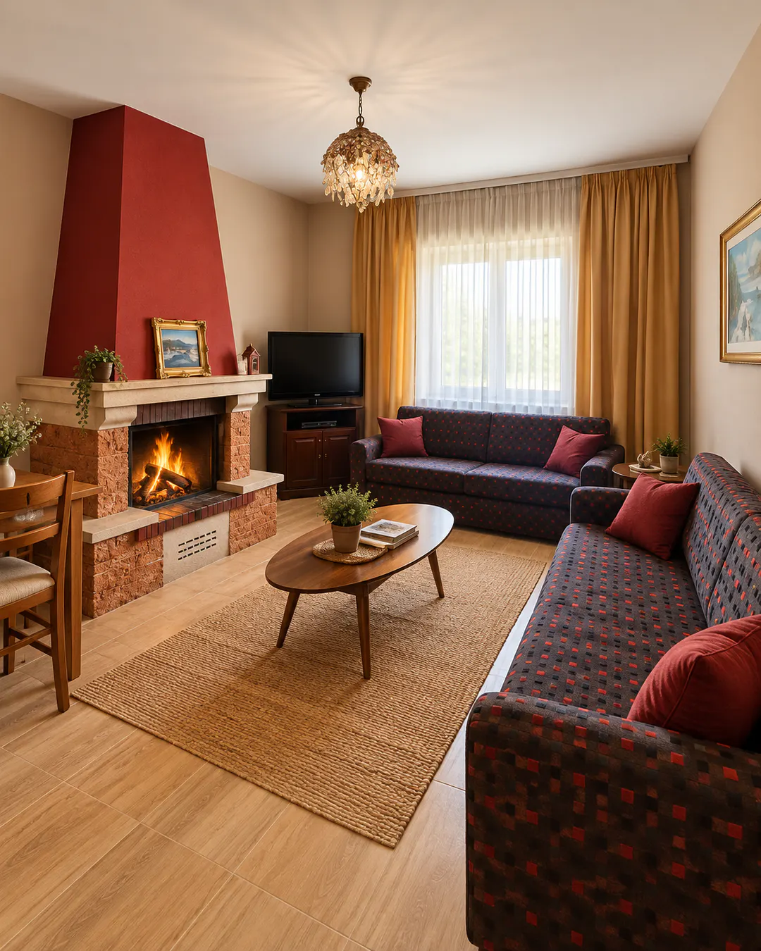 Accogliente soggiorno al Wild River Guesthouse, con camino tradizionale in mattoni, divani confortevoli, tavolino in legno e luce naturale